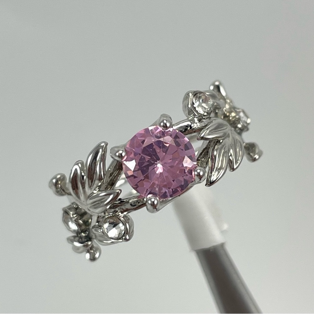 Beautiful Statement Round Cut Flower Vine Pink Diamond Silver Plated Ring